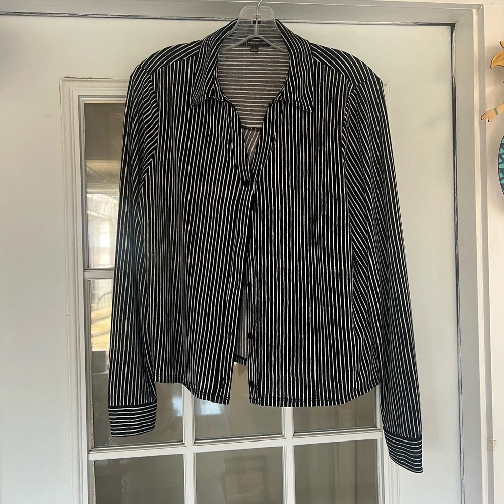 Adrianna Papell Black and White Striped Button Front Top